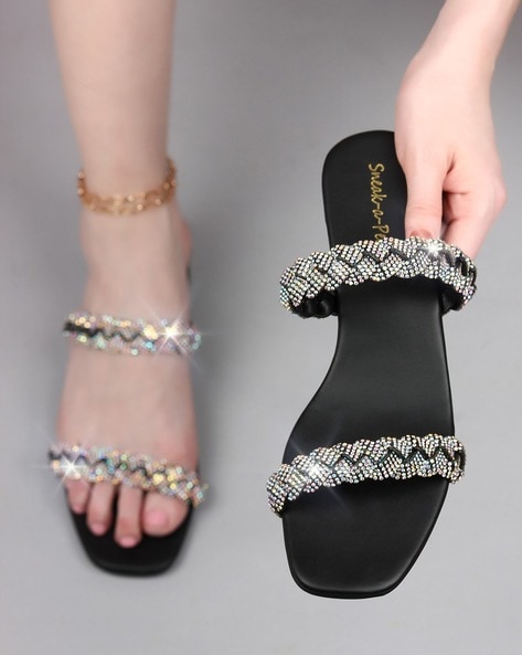 Women Rhinestone Decor Slide Sandals, Glamorous Summer Flat Sandals |  Sparkly sandals, Fancy heels, Womens sandals flat