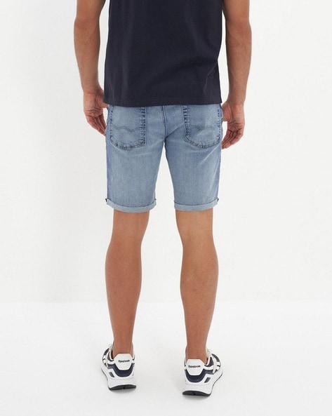 Men Heavily Washed Distressed Regular Fit Denim Shorts