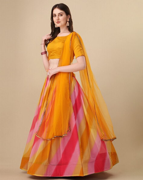 Buy Amrutam Fab Womens Pink & Yellow Color Georgette Printed Lehenga Choli  (Pack of 3) online