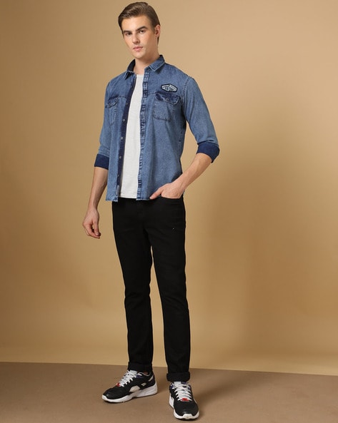 Men Flap Pocket Button Up Shoulder Pattern Denim Shirt – Fikafuntimes  Clothing Brand & Accessories