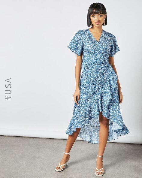 Floral blue wrap dress orders