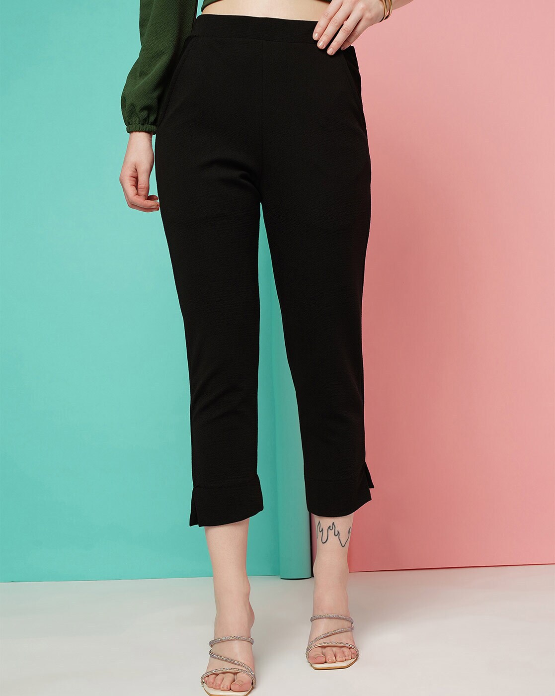 Buy Tokyo Talkies Green Solid Mid Waisted Straight Fit Ankle Length Trouser  for Women Online at Rs458  Ketch