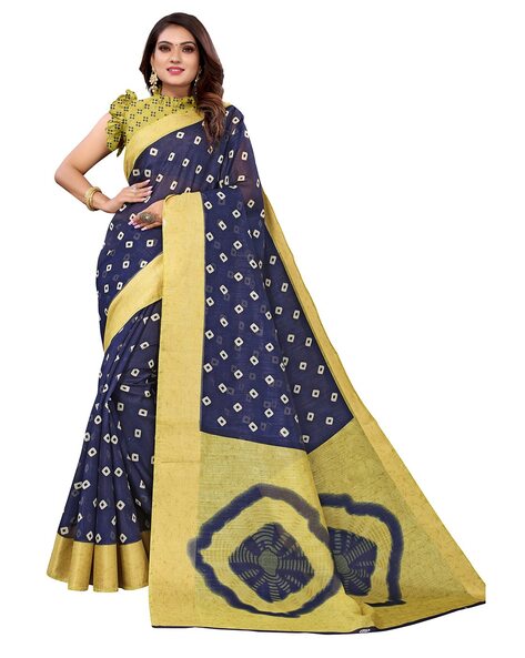 Bandhani printed smooth linen mix spun silk saree – www.vannamayil.com