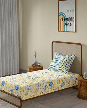 104 TC Floral Print Single Bedsheet with Pillow Cover-image-2