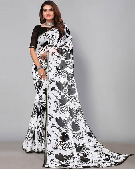 Black Printed & Embroidered Pre-Draped Georgette Saree Set – Ivory by Dipika