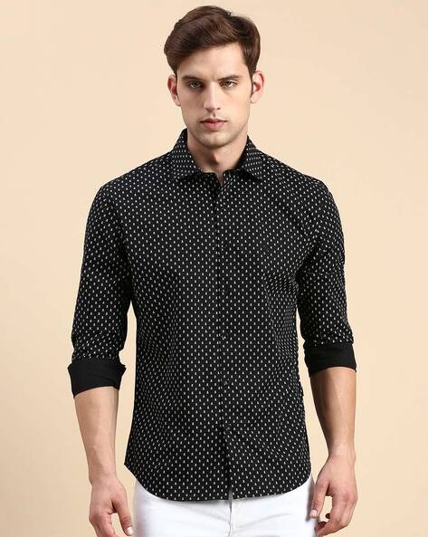 Mens black dress shirt cheap with white polka dots