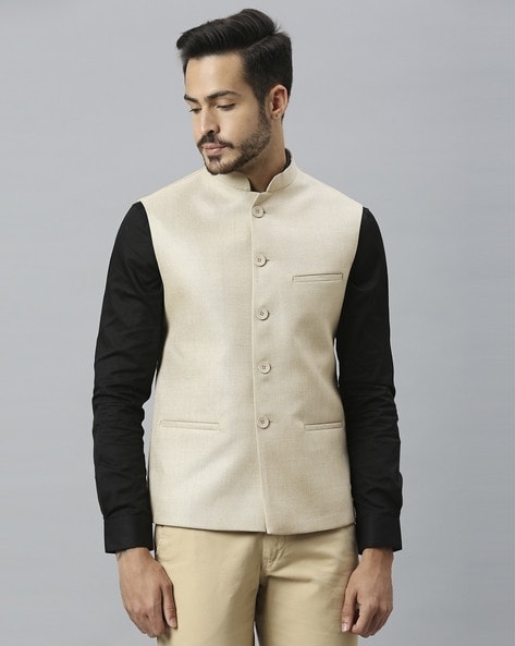 Buy Arrow Men Beige Mandarin Collar Patterned Weave Nehru Jacket online