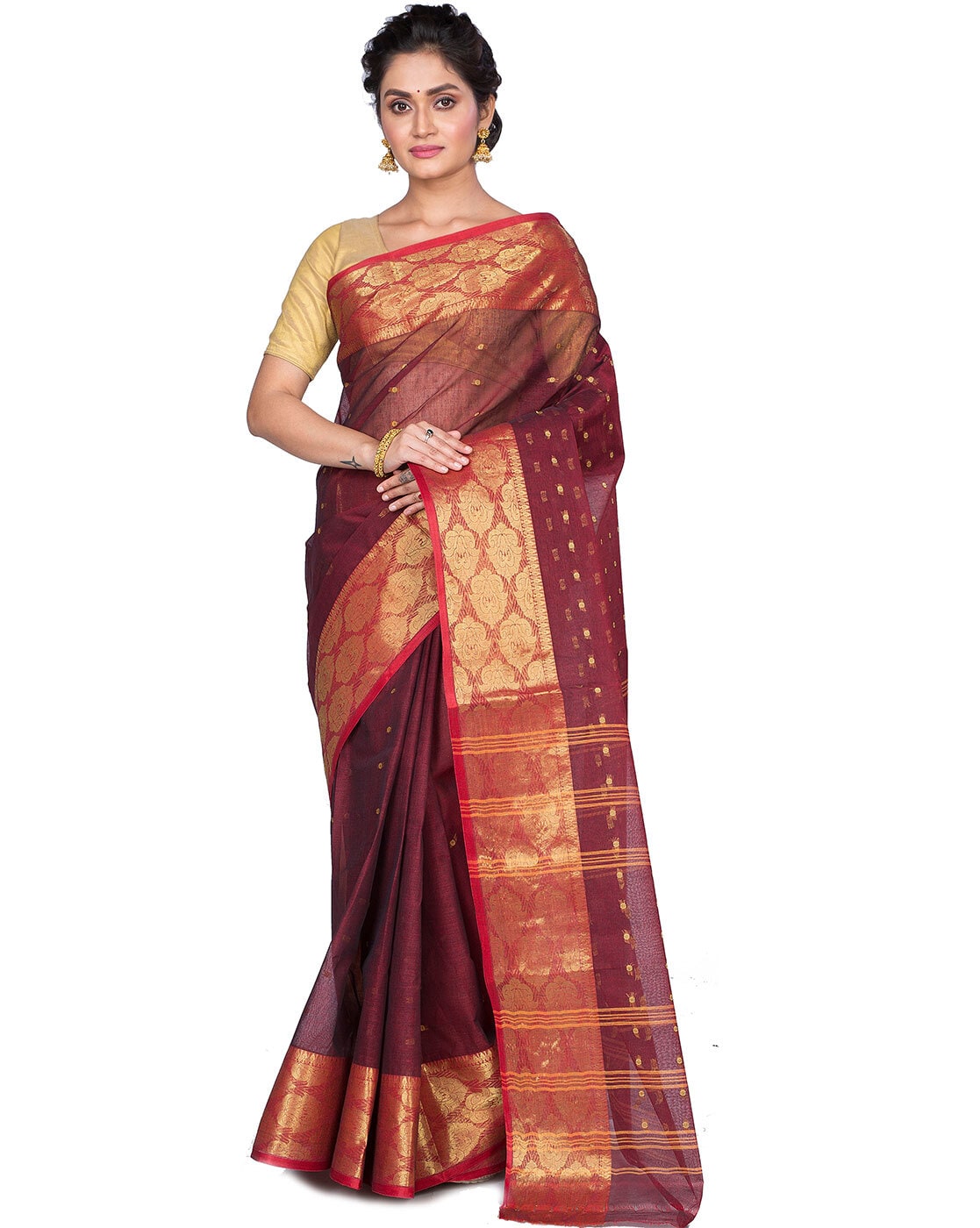 Buy tant saree palacee Embroidered Jamdani Cotton Silk Red, White Sarees  Online @ Best Price In India | Flipkart.com