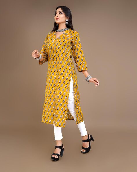 Buy online Mustard Three Quarter Sleeve Straight Kurti from Kurta Kurtis  for Women by Riya for ₹649 at 74% off | 2024 Limeroad.com