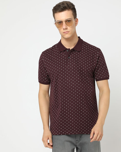 NETPLAY Regular Fit Geometric Print Polo T-Shirt (Maroon)