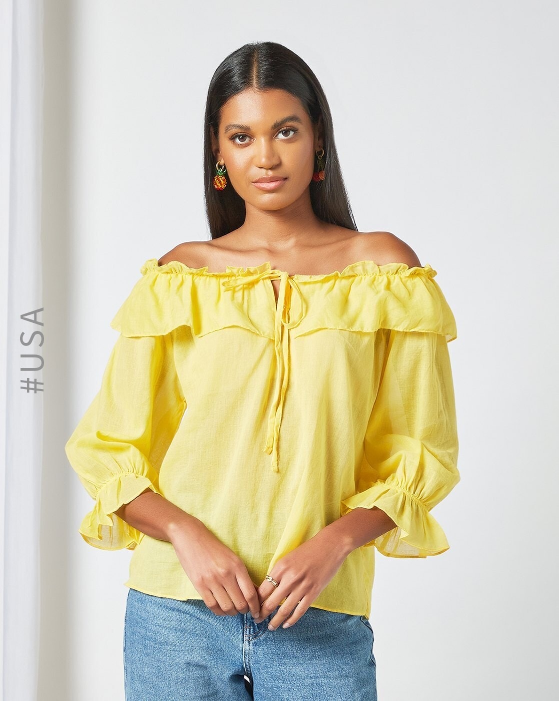 Yellow ruffle off store the shoulder top