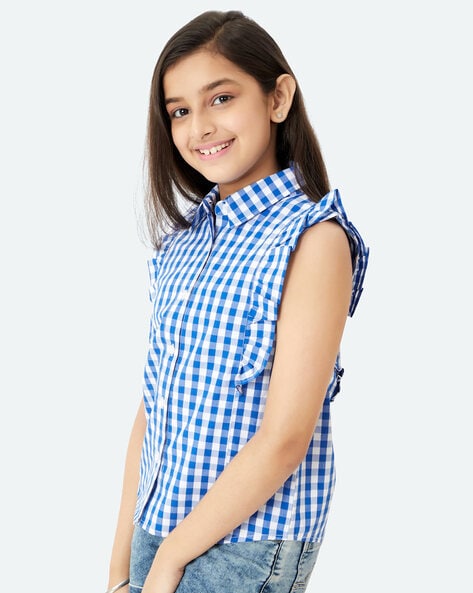 Checked Button-Down Top with Frill Detail