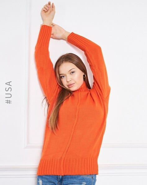 High Neck Orange Turtleneck Plus Size KOTTY Solid High Neck Casual