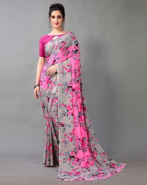 Saree Mall Purple Floral Print Saree With Unstitched Blouse