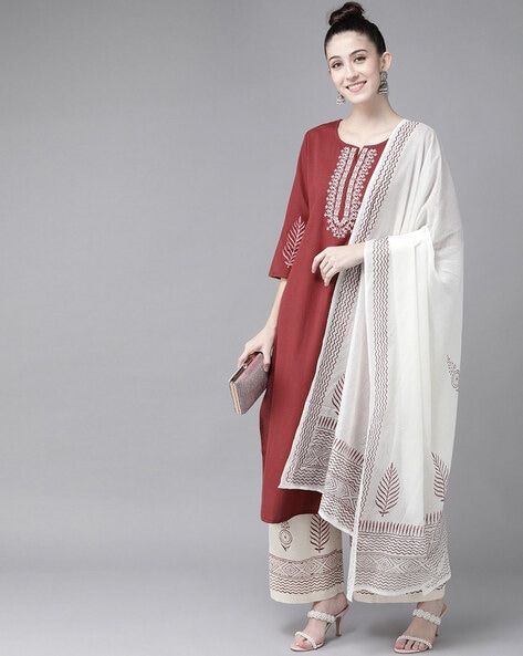 Buy Jaipur Kurti Women Maroon & Off White Yoke Design Straight Kurta -  Kurtas for Women 9948531 | Myntra