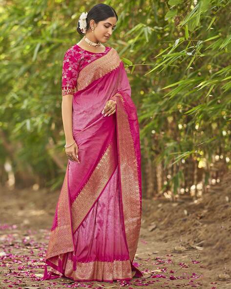 Buy Pink Saree With Yellow Blouse In Silk by Designer DEBYANI Online at  Ogaan.com