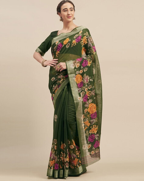 Plain Linen Printed Saree – www.vannamayil.com