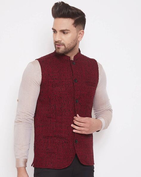 Buy Maroon Linen Textured Nehru Jacket For Men by Mehraab Online at Aza  Fashions.