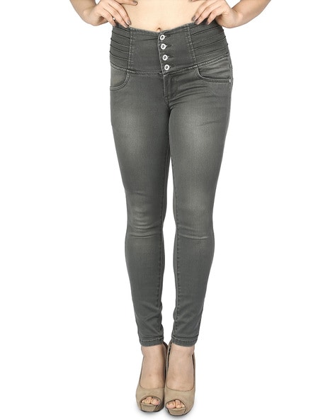 Women Slim High Rise Single Button Ice Colour Jeans