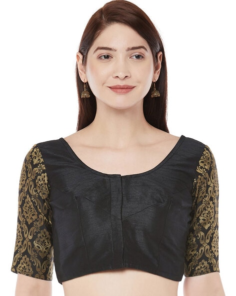 Studio Shringaar Women's Plus Size Brocade Short Sleeves Saree Blouse(Black,  44) : : Fashion