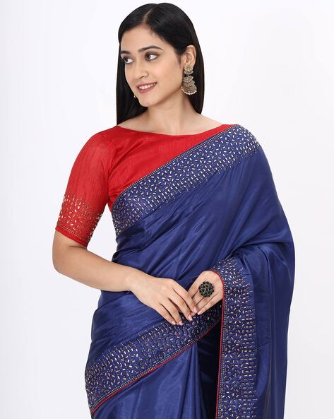 Shop Online Blue Organza Patch Border Work Designer Saree : 274466 -