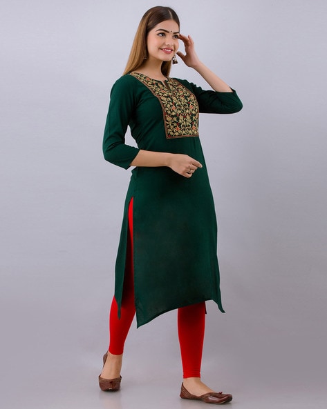 40 inch Dark Green Fabclub Women Rayon Solid Plain Front Slit Straight Kurti  at Rs 224/piece in Ahmedabad