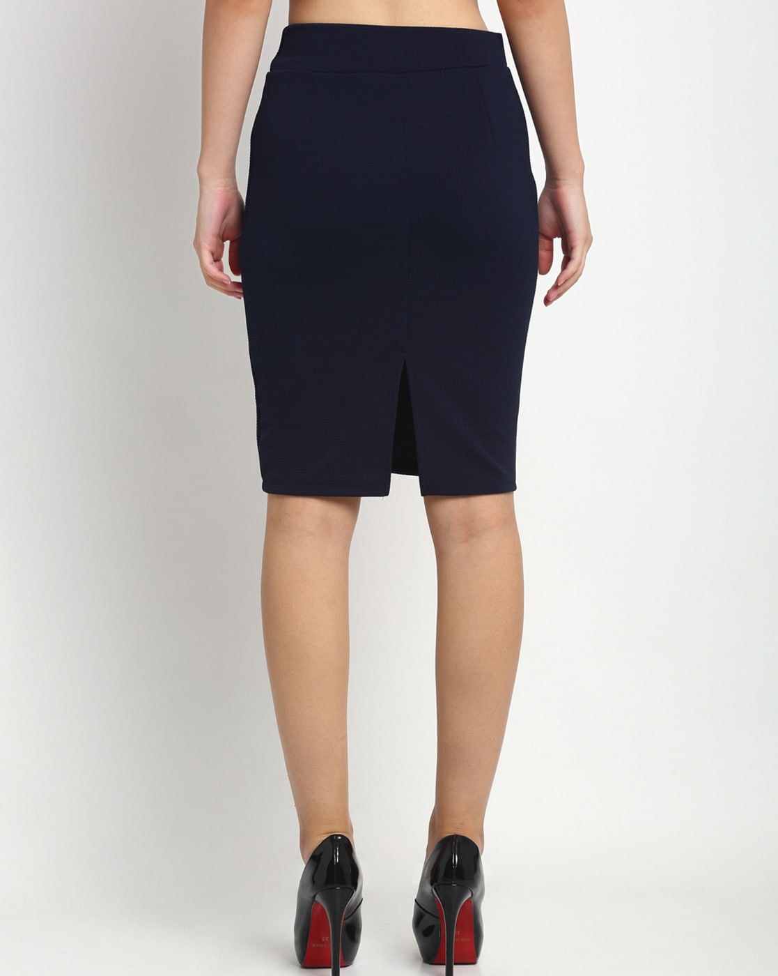 Navy Pleated Skirt High Waist Elastic Waist Band Midi Skirt Order Online |  G-Line