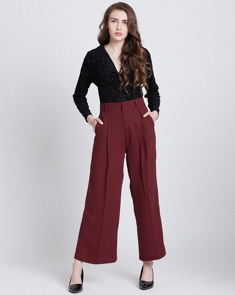 Buy DressBerry Women Burgundy Regular Fit Solid Regular Cropped Mid Rise  Trousers  Trousers for Women 10440608  Myntra