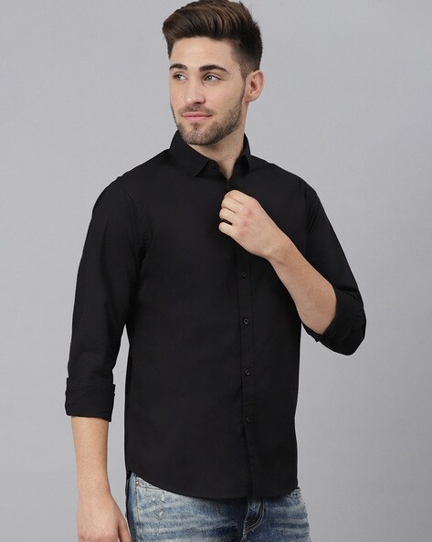 Extra Slim Fit: Shirt with a stand-up collar Black Woven