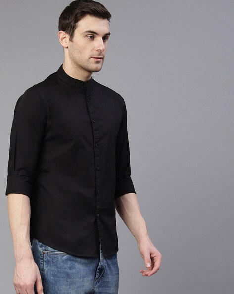 Extra Slim Fit: Shirt with a stand-up collar Black Woven