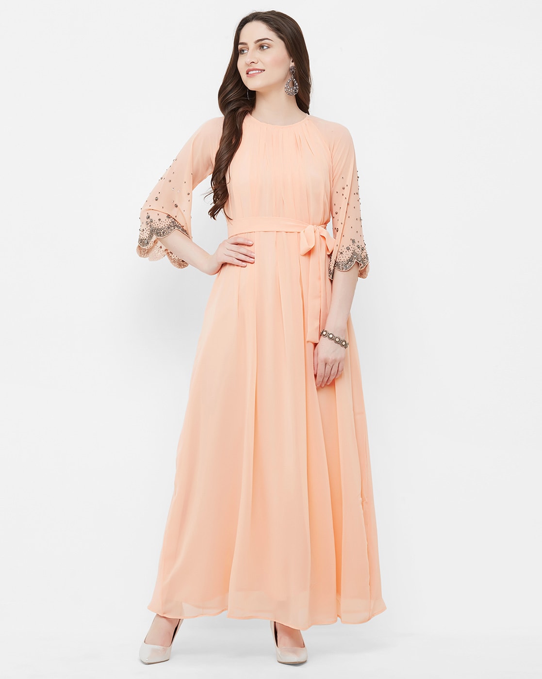 Buy Designer Peach Floral Lace Gown For Women Online - Kahini Fashion