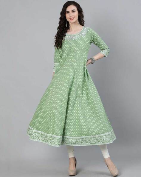 Indi Inside Kurtas  Buy Indi Inside Women Parrot Green Floral Block Print  Flared Kurta Online  Nykaa Fashion