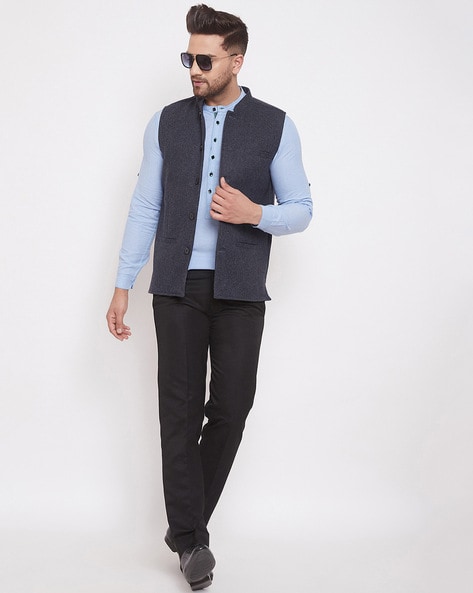 Embroidered Silk Nehru Jacket in Sky Blue : MTX2938