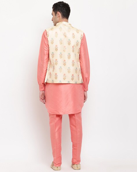 Peach And White Embroidered Nehru Jacket Set For Men