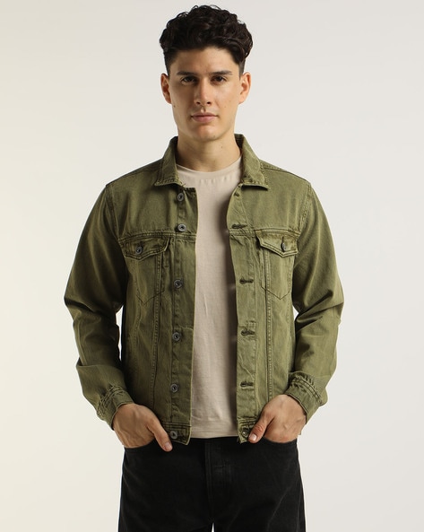 Buy Merlot Men's full sleeve Olive Green denim jacket for Men at Amazon.in
