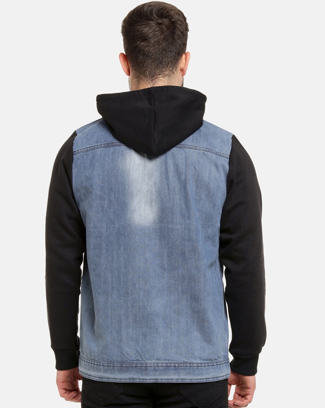 Buy Men's Blue and Beige Color Block Denim Hooded Jacket Online at Bewakoof