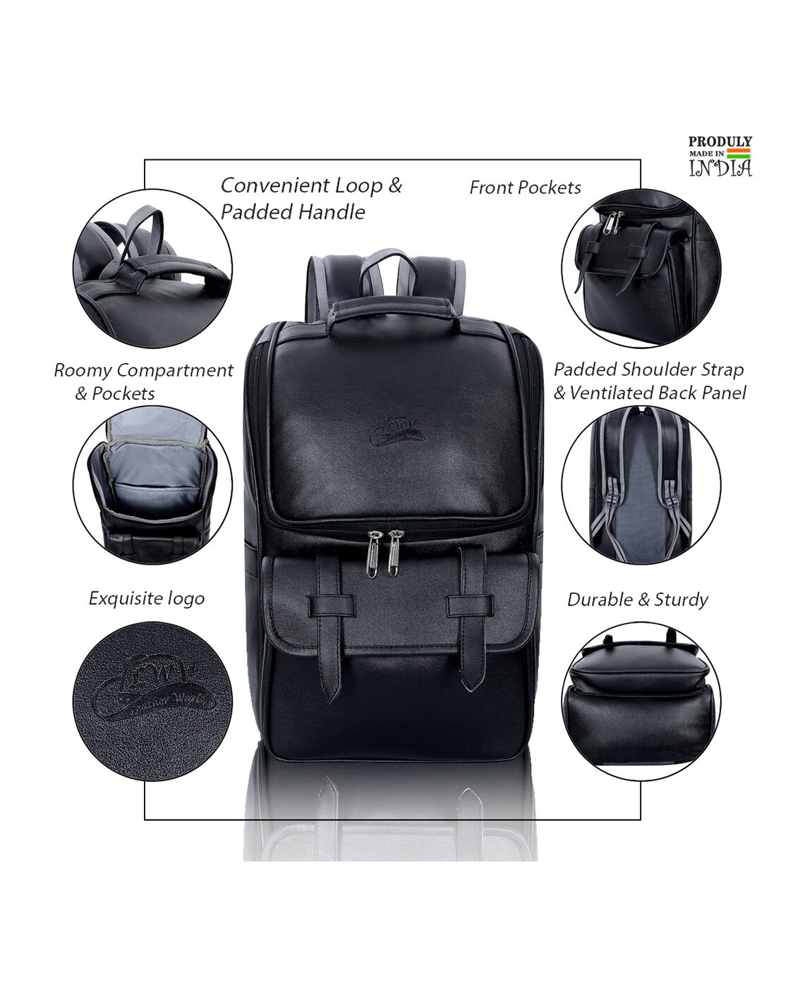 LIBAIRE Backpack Black Leather Vintage Drop Shape Double Plus 2 Wallets  (J5)