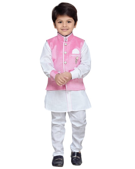 Buy Persian Pink Jacket Kurta Set In Tussar Silk With Bandhani Print