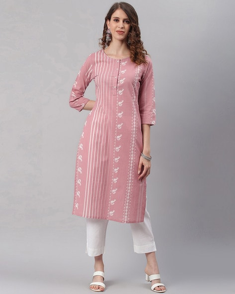 Striped Print Kurta with Button Placket
