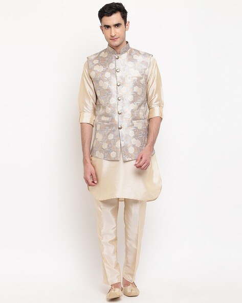 Designer Cream Embroidered Nehru Jacket Set