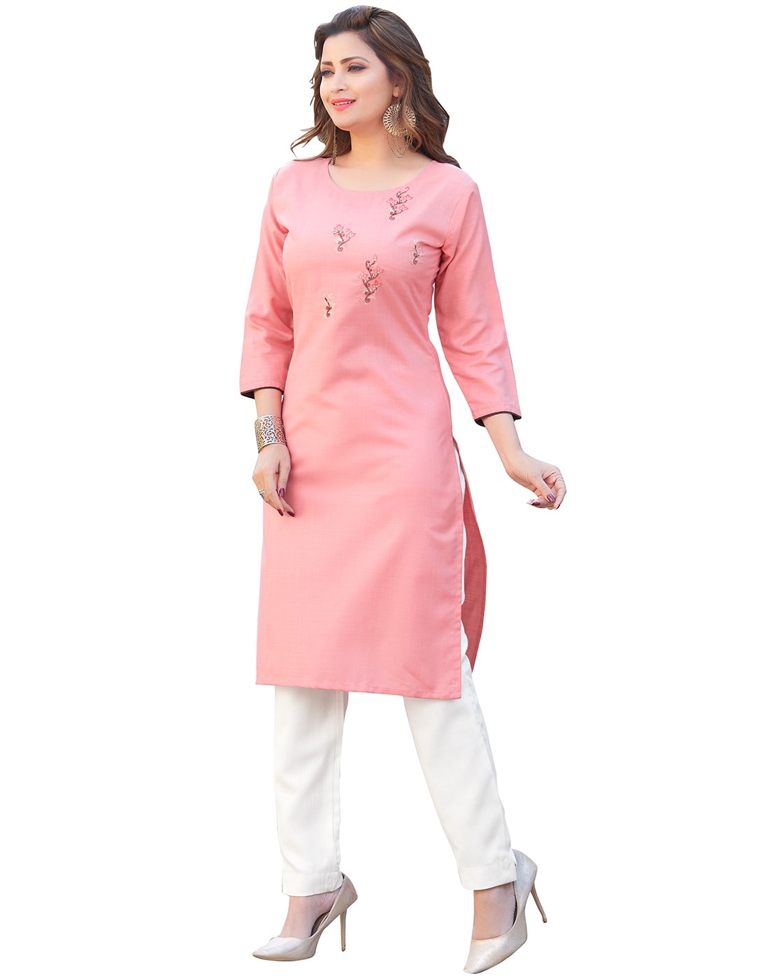 Buy Baby Pink Metallic Padded Pure Crepe Kurti with Baby Pink Cotton Silk  Pants and Baby Pink Pure Organza Ruffle Stole Kurti Set Online in India |  Party wear indian dresses, Designer