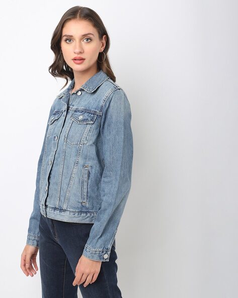 Buy Women Blue Solid Denim Jacket Online in India - Monte Carlo