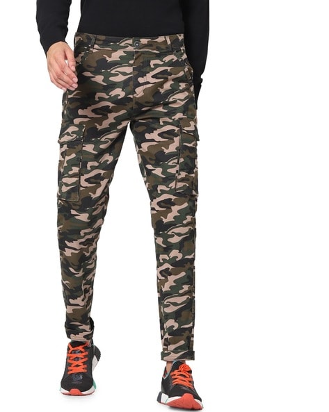 Buy Online Men Olive Green Black And Brown Camouflage Printed Cotton Cargo  Trousers at best price  Plussin