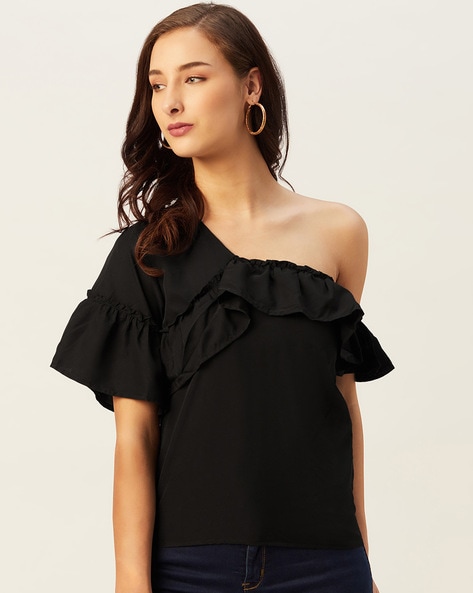 One shoulder cheap ruffle top black