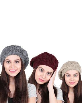 bharatasya Pack of 3 Knitted Beret Caps-picture-44