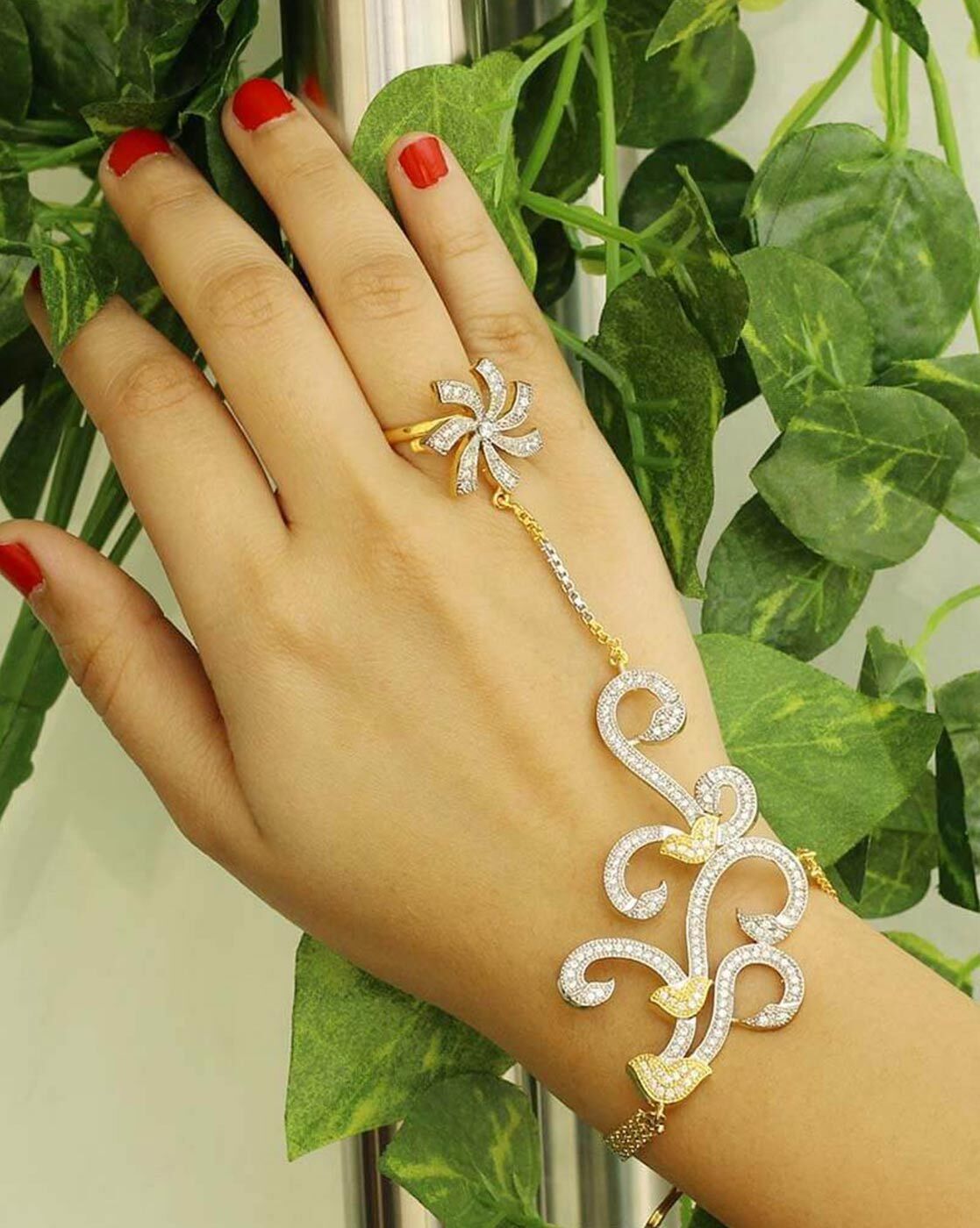 Buy WomenSky Stylish Single Hand Gold Plated Hath Phool/Hand Thong Crystal  Bracelet With Finger Ring for Women and Girls at Amazon.in