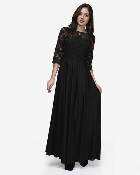 Buy V&M Women's Lace Black Full Sleeves Pleated Maxi Dress (X-Small) at  Amazon.in