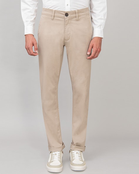 Cream Colored Linen Mid-Rise Slim Fit Trousers (DOLINENIN) | Celio