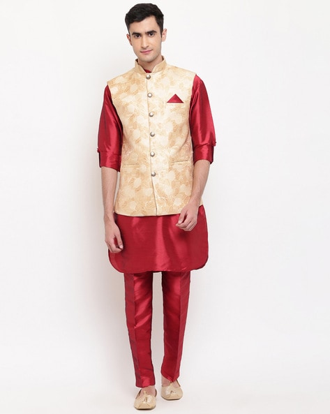 Wedding Boutique Plain Red Men's Kurta Pajama With Nehru Jacket MKPA03522