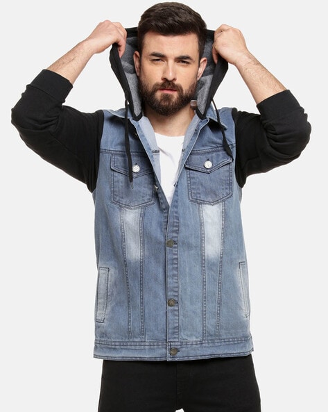 Buy Lavnis Men's Denim Hoodie Jacket Casual Slim Fit Button Down Jeans Coat  Style 2 Blue M at Amazon.in